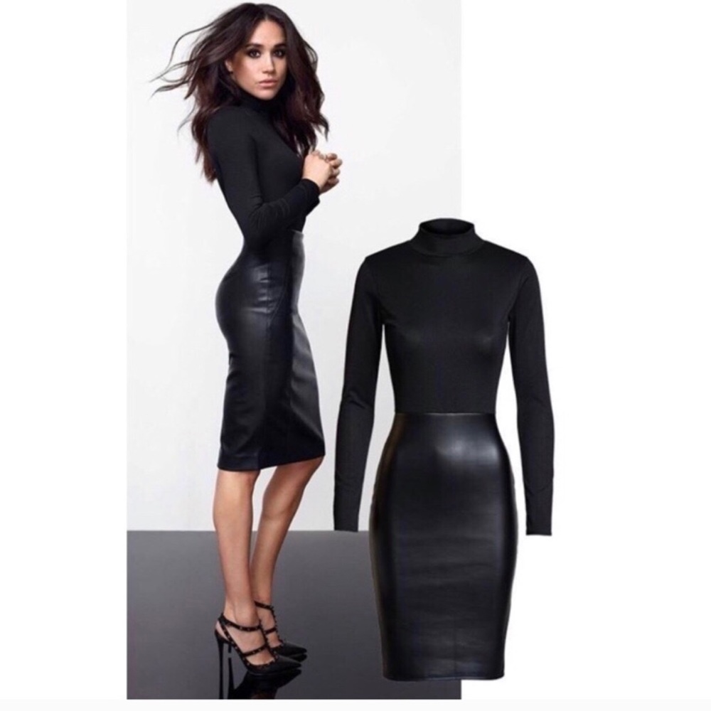Black Bodycon Midi Leatherette Dress